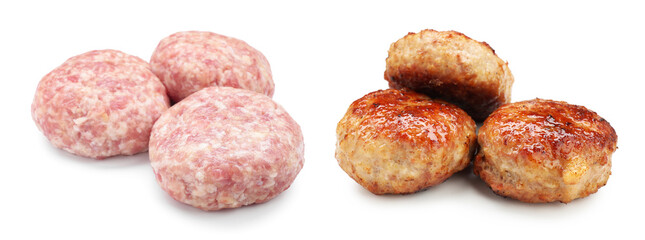 Meat patties isolated on white, collage. Raw and roasted cutlets