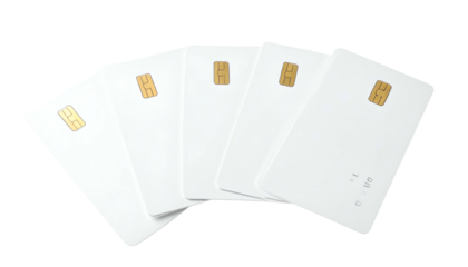 Five white smart cards are fanned out, each with a gold-colored chip and a faint number