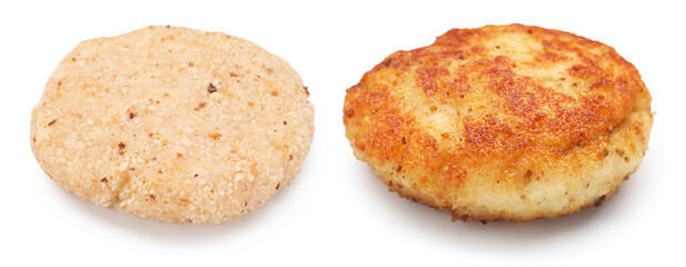Meat patty isolated on white, collage. Raw and roasted cutlet