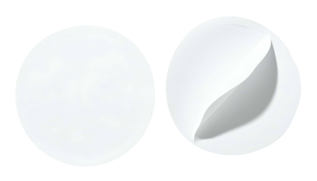 Two white circular objects on a black background, one with a peeled section, showing a fold