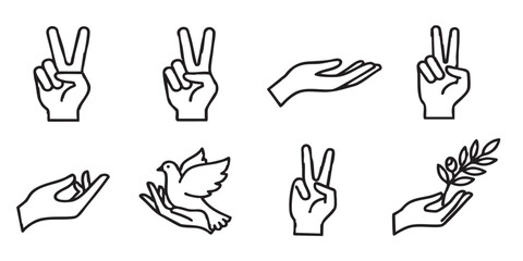 Fototapeta premium Set of peace hand gesture outline icons vector 