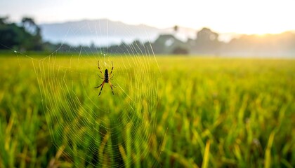 A spider sits centered in its web, glistening with dew, against a blurred backdrop of a green rice field and a hazy sunrise
