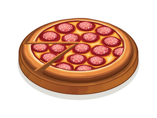 Pepperoni pizza on a wooden cutting board vector illustration. Whole sliced salami pizza icon isolated on a white background. Pizza with salami and cheese on wooden plate cartoon