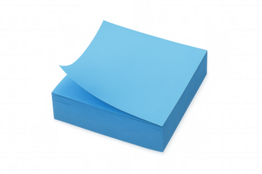 Blue sticky note pad stack with curling top sheet, ready for important office reminders and task memos