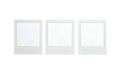 Three blank instant film photographs arranged horizontally, against a stark black background