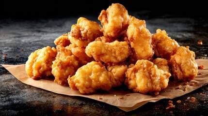Crispy fried chicken bites piled on a brown paper surface with dark background