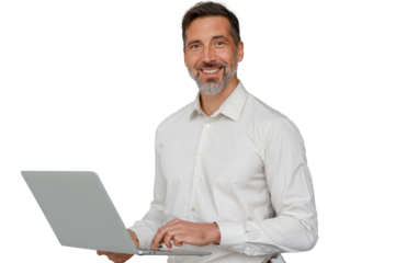 Smiling man working on laptop, representing success, confidence, and remote work, transparent background