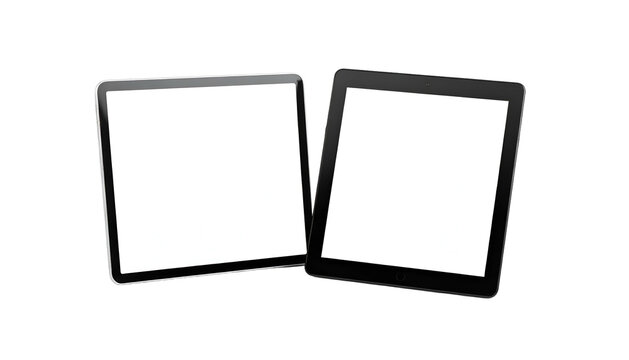 Two rectangular devices with blank white screens on a black background