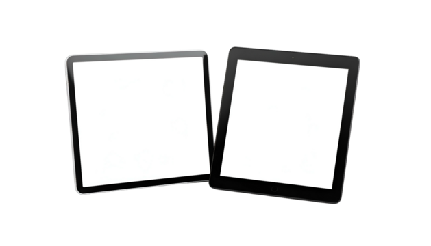 Two rectangular devices with blank white screens on a black background
