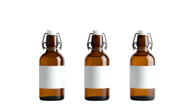 Three amber glass bottles with white labels and hinged closures against a black background
