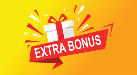 White gift box with red ribbon and text EXTRA BONUS on red banner present bonus