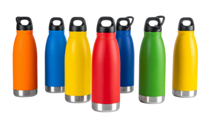 Array of colorful, cylindrical insulated water bottles with black lids and metal bases