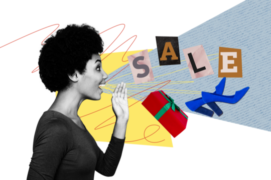 Trend artwork collage of discount offer price black friday sale young lady smile hand gesture proclaim gift box present holiday celebrate - Powered by Adobe