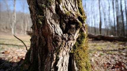 Fototapeta premium Textured tree bark with moss in sunlit forest setting