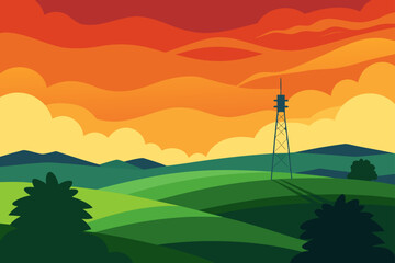 Landscape view with tower and orange sky