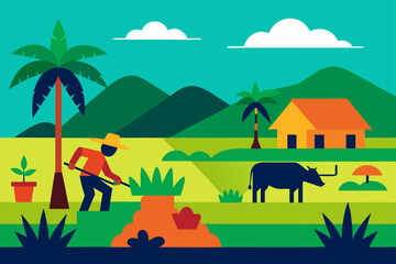Illustration of rural farm land scenery