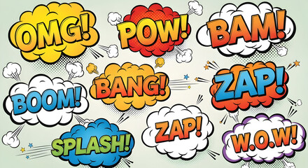 "Comic Sound Effects Burst Pack — Colorful Onomatopoeia Clouds with POW, BAM, ZAP, SPLASH and BOOM in Retro Pop Art Style"