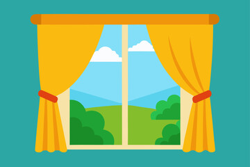 Window view with yellow curtains and trees