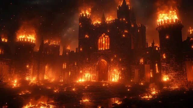 An epic cinematic video of a medieval castle burning at night representing the fall of a kingdom perfect for films about war history and fantasy.