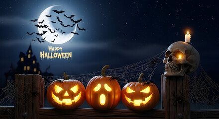 "Spooky Halloween Night Greeting — Moonlit Graveyard With Jack‑o'Lanterns, Skull, Webbed Corners and 'Happy Halloween' Banner"