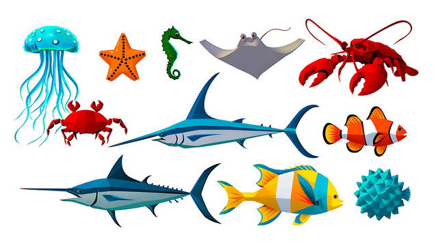 A colorful low poly 3D model collection of various sea creatures, including a shark, clownfish, and lobster, in a geometric style.