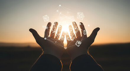 Hands reaching up toward a network of abstract digital connections with a bright sunset background, representing innovation.