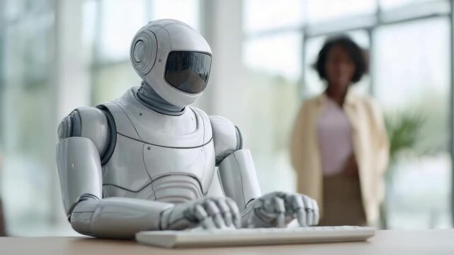 Humanoid robot typing efficiently at desk, professional workplace environment highlighting artificial intelligence technology and workplace automation, manager watching progress