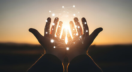 Hands reaching towards a network of interconnected lights, symbolizing technology, innovation, and the future, set against a sunset.