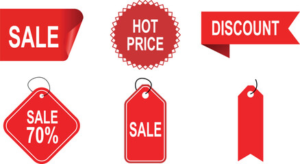 Red sale tags and banners with white text for discounts and promotions hot price 70 percent off
