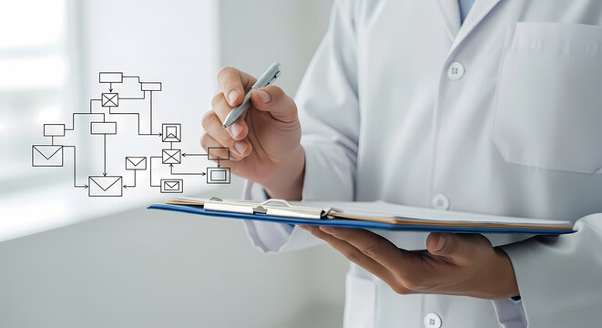 A medical professional in a white coat analyzes a flowchart on a clipboard, planning and documenting processes for efficiency.