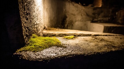 Fototapeta premium Close up of moss growing on a stone surface in dim lighting