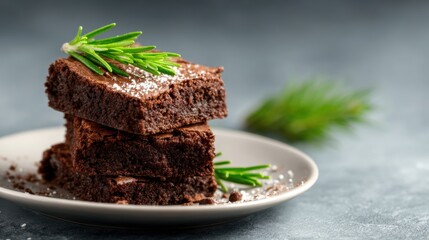 A tempting stack of chocolate brownies adorned with a sprig of rosemary and powdered sugar, perfectly showcasing indulgence and a mix of flavors for dessert lovers.