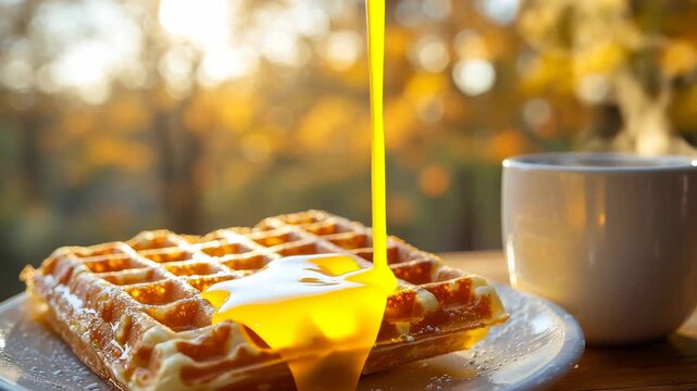 Golden nectar anoints a warm waffle in the crisp autumn air a delightful cinematic symphony of sweetness and comfort perfect for cozy mornings and soulful living.