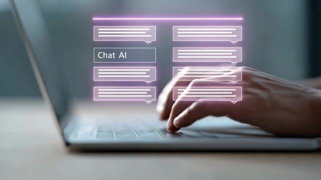 Close up of businessman hands typing on laptop keyboard, engaging in a conversation with an artificial intelligence chatbot, generating creative text format responses