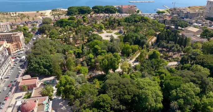 Aerial view of Villa Giulia public park in Palermo, Sicily, Italy. It is a green area near the city's seafront.