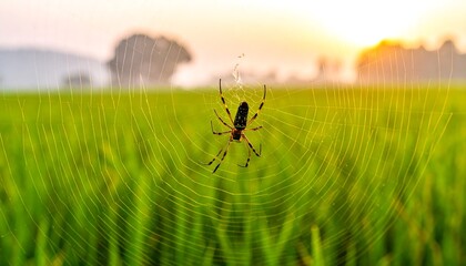 A spider sits in its web, silhouetted against a sunlit, foggy field of green. The scene evokes tranquility