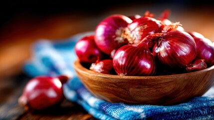 A beautiful arrangement of fresh red onions in a rustic wooden bowl, set on a textured cloth, capturing the essence of freshness, natural food aesthetics, and culinary potential.