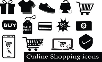 Online Shopping Icons Set | Black and White Vector Symbols for E-commerce, Sale, Payment, Buy Button, Shopping Cart, Credit Card, Mobile Purchase, and Retail Design Elements