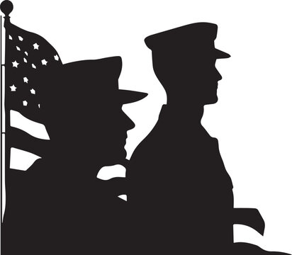 Military personnel with American flag vector in black silhouette for patriotic tribute and national pride
