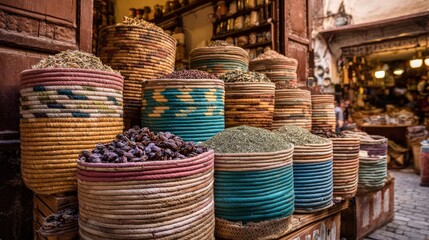 Colorful baskets filled with spices in a traditional market setting