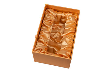 Orange empty gift box covered with orange satin fabric isolated on a white background.