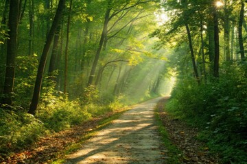Obraz premium Serene forest path illuminated by sunlight, surrounded by lush greenery and tranquil atmosphere