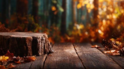 Obraz premium A rustic tree stump in a serene, autumnal forest scene, surrounded by colorful fallen leaves and dappled sunlight filtering through, encapsulating the essence of seasonal change.