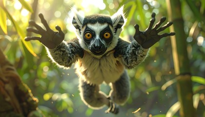 Naklejka premium A ring-tailed primate leaps towards the viewer, arms outstretched, captured against a bright, sunlit green forest backdrop. Its eyes are open wide