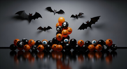 Spooky halloween scene featuring bats on the wall and a pile of orange and black balloons with skull and pumpkin faces creating a festive and fun atmosphere
