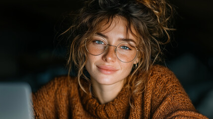 Young woman with curly hair wearing glasses and a cozy sweater smiling at her laptop in a modern home office, natural light, candid ultra-realistic photography