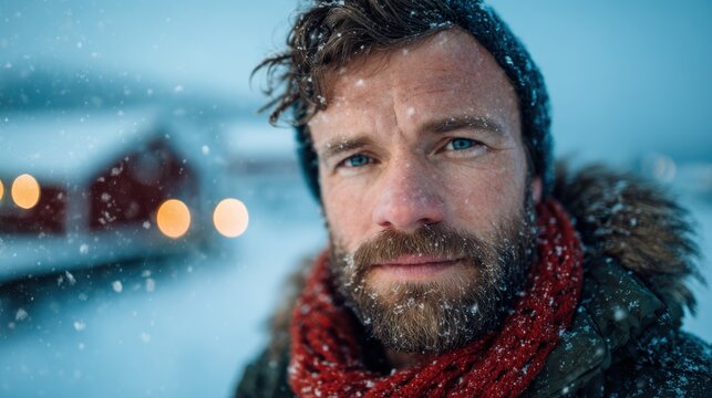 A close-up shot of a man with a friendly smile in a snowy landscape, portraying warmth and rugged charm amidst a beautiful winter backdrop with falling snowflakes.