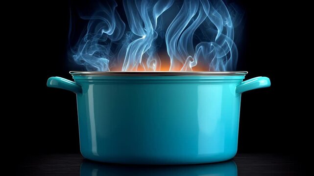 Vibrant blue cooking pot with steam rising from boiling contents, captured in a dynamic sequence showcasing the heat and motion, emphasizing the cooking process and visual appeal of culinary art