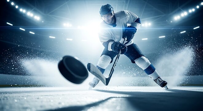 Male hockey player skillfully hits puck on the ice arena while practicing the game