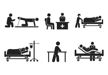 Collection of silhouette illustrations of stick figures of care and therapy activities by doctors, patients and nurses in hospitals for advertisements and flyers with healthcare and hospital icons.